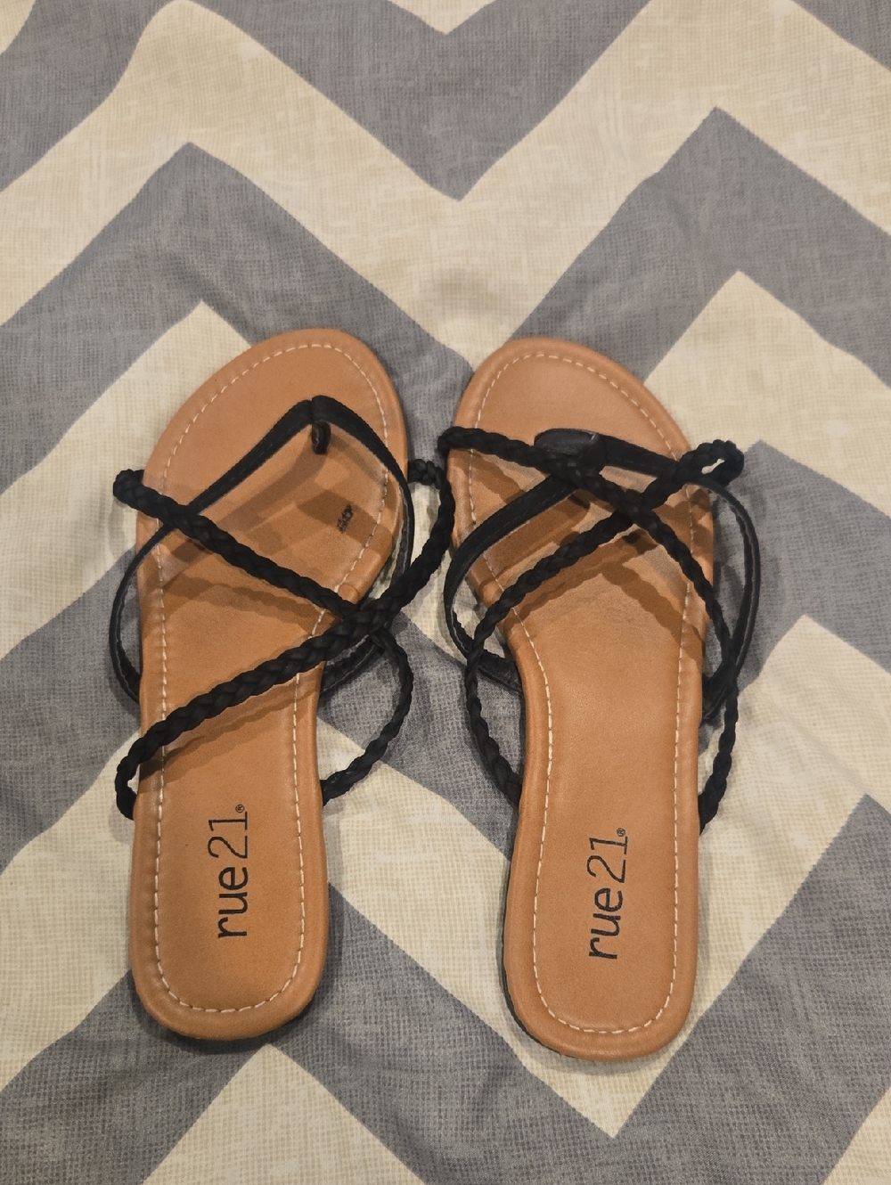 Rue21 Black Braided Strappy Sandals with Tan Footbed